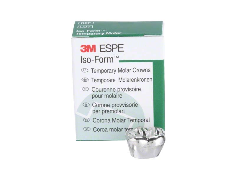Iso-Form Kronen Molaren UK L-68 Verpackung mit Zahnkrone davor.