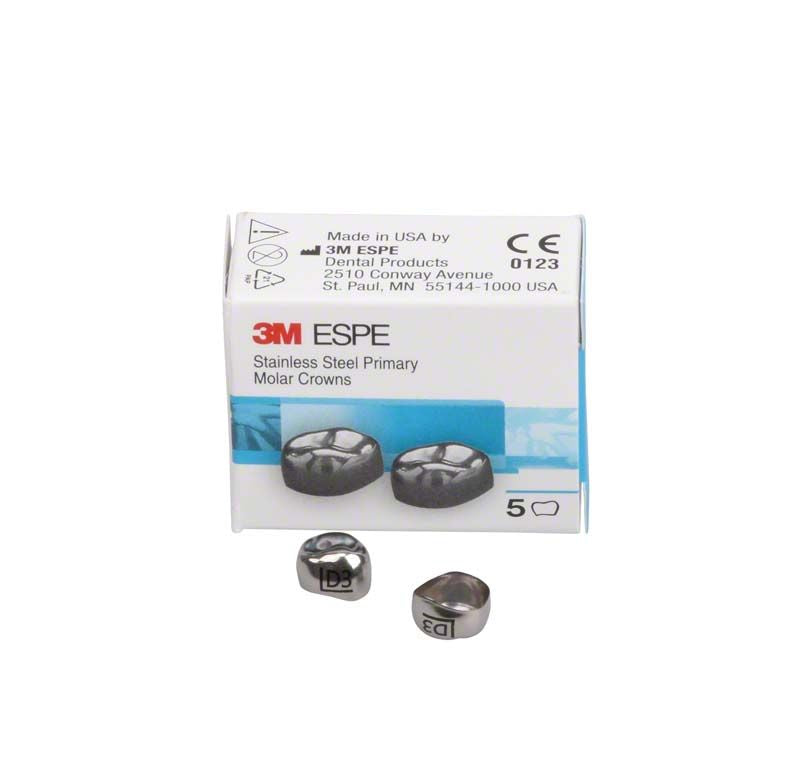 Edelstahlkronen für Milchzahnmolaren mit Verpackung von 3M ESPE.