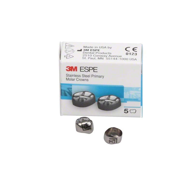 Edelstahlkronen für Milchzahnmolar mit Verpackung und Kronenansicht.