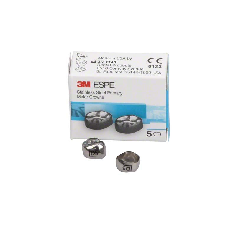 Edelstahlkronen für Milchzahnmolar in Verpackung mit Produktname sichtbar.