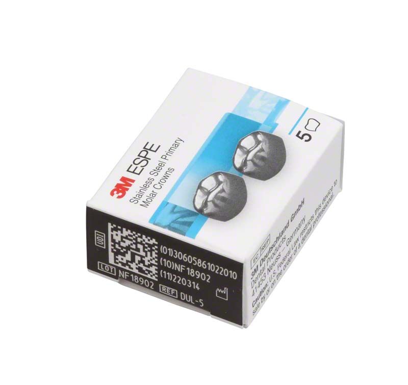 Verpackung der 3M Edelstahlkronen für Milchzahnmolar mit sichtbarer D-UL-5 Markierung.