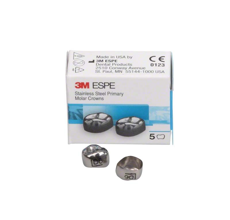 Edelstahlkronen für Milchzahnmolaren mit Verpackung im Hintergrund.