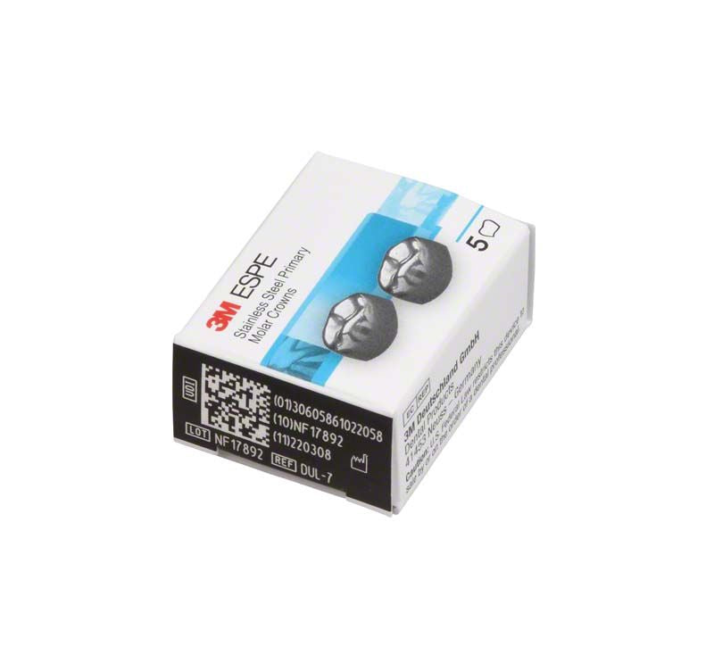 Edelstahlkronen Milchzahnmolar OK D-UL-7 in Verpackung mit Produktdetails.
