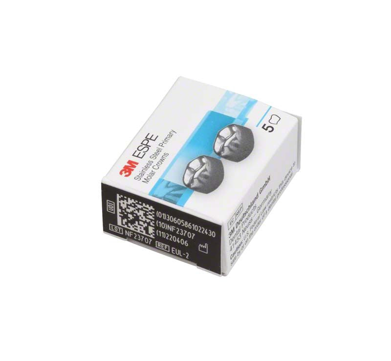 Verpackung der 3M Edelstahlkronen für Milchzahnmolaren mit Produktdetails.