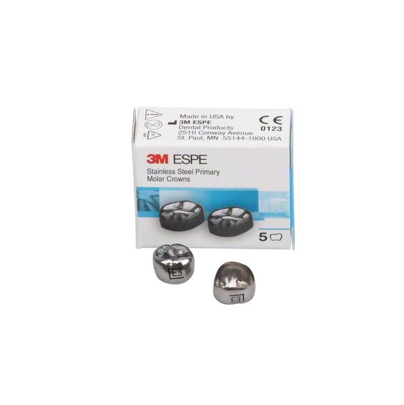 Edelstahlkronen für Milchzahnmolaren mit Verpackung der Marke 3M ESPE.