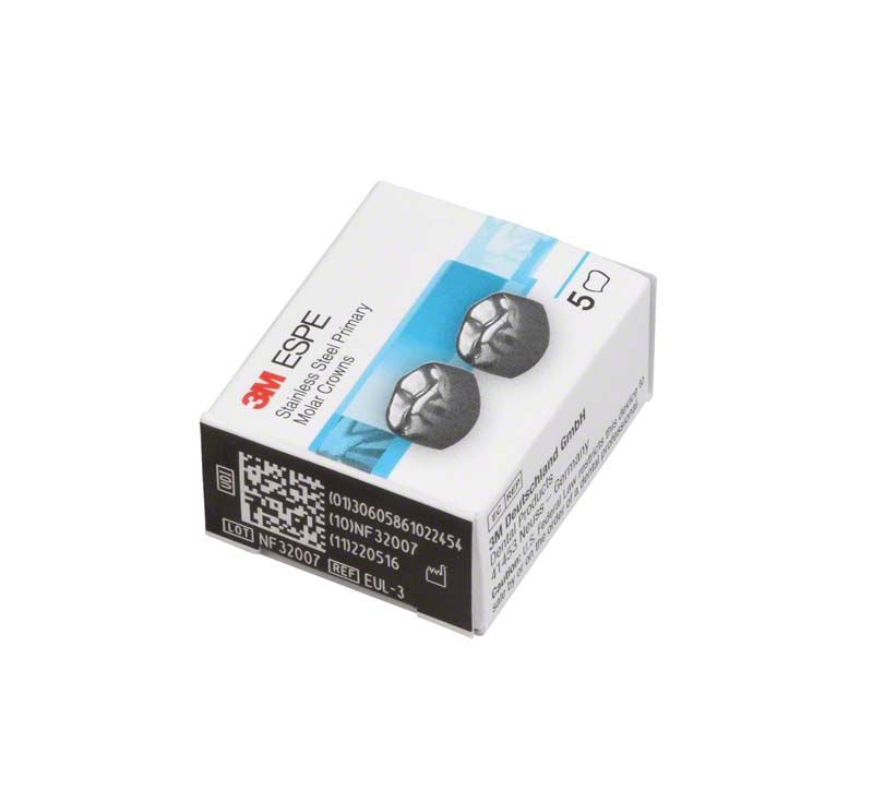 Edelstahlkronen Milchzahnmolar OK E-UL-3 in 3M ESPE-Verpackung, Vorderansicht.