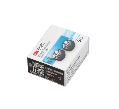 Edelstahlkronen Milchzahnmolar OK E-UL-3 in 3M ESPE-Verpackung, Vorderansicht.