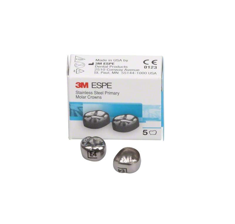 Edelstahlkronen Milchzahnmolar OK E-UL-4 in Verpackung mit zwei Kronen.