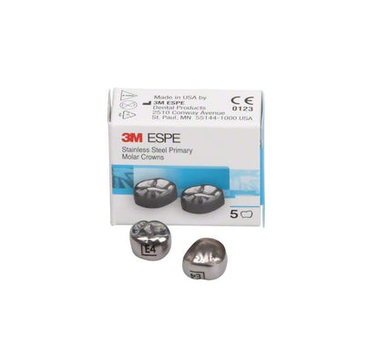 Edelstahlkronen Milchzahnmolar OK E-UL-4 in Verpackung mit zwei Kronen.