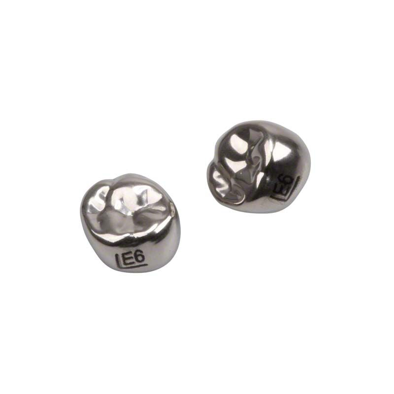 Edelstahlkronen für Milchzahnmolaren mit gravierter Beschriftung "E6".