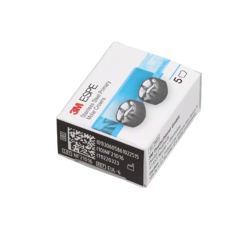 Edelstahlkronen für Milchzahnmolaren in 3M ESPE Verpackung mit Produktdetails.