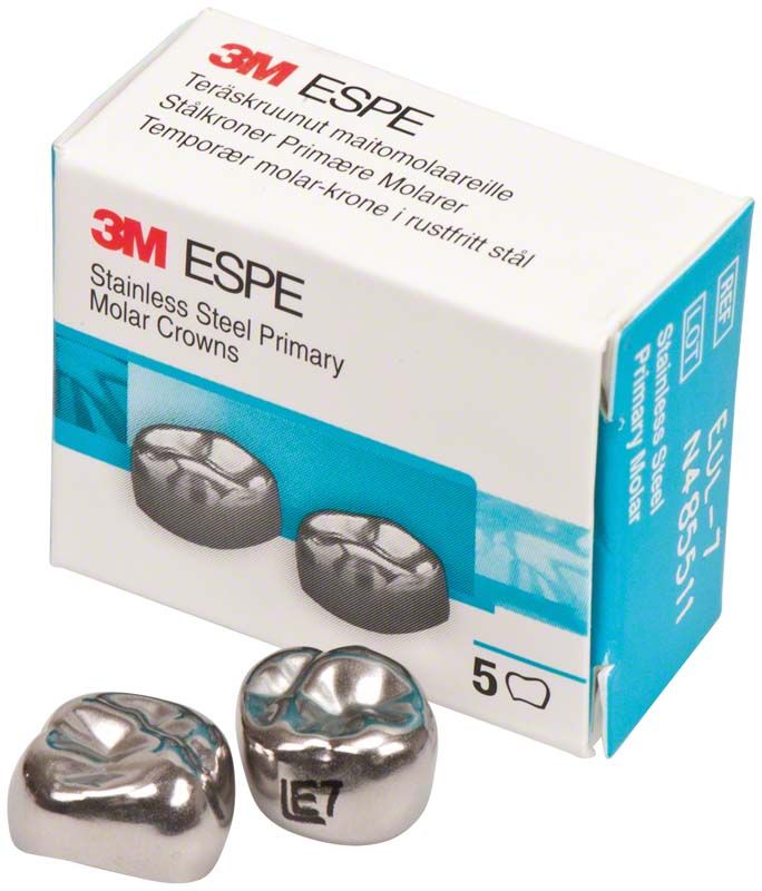 Edelstahlkronen für Milchzahnmolaren mit Verpackung und zwei Kronen.