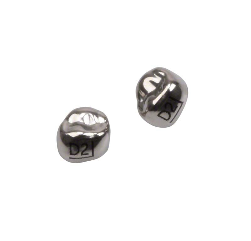 Edelstahlkronen für Milchzahnmolar OK D-UR-2 in Nahaufnahme.