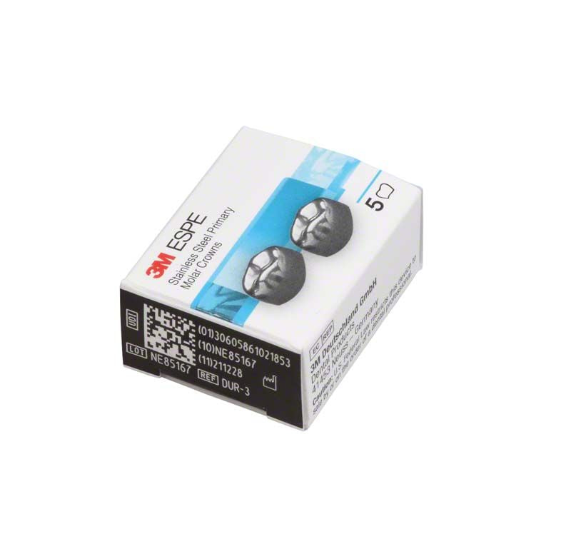 3M ESPE Edelstahlkronen-Verpackung für Milchzahnmolaren, 5 Kronen, Nahaufnahme.