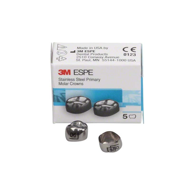 Edelstahlkronen für Milchzahnmolar mit Verpackung und zwei sichtbaren Kronen.