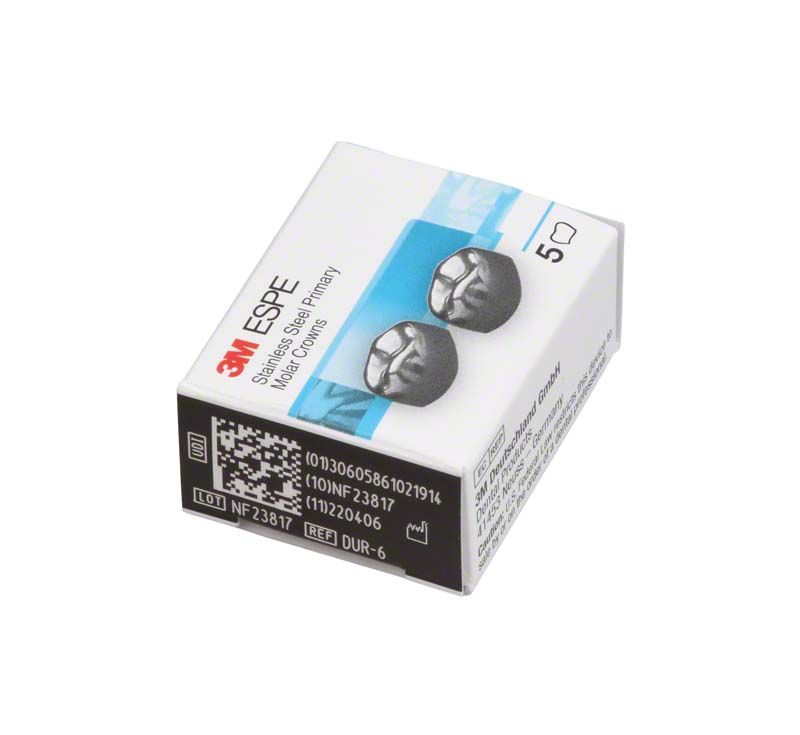 Verpackung der 3M Edelstahlkronen Milchzahnmolar OK D-UR-6 mit zwei Kronenabbildungen.