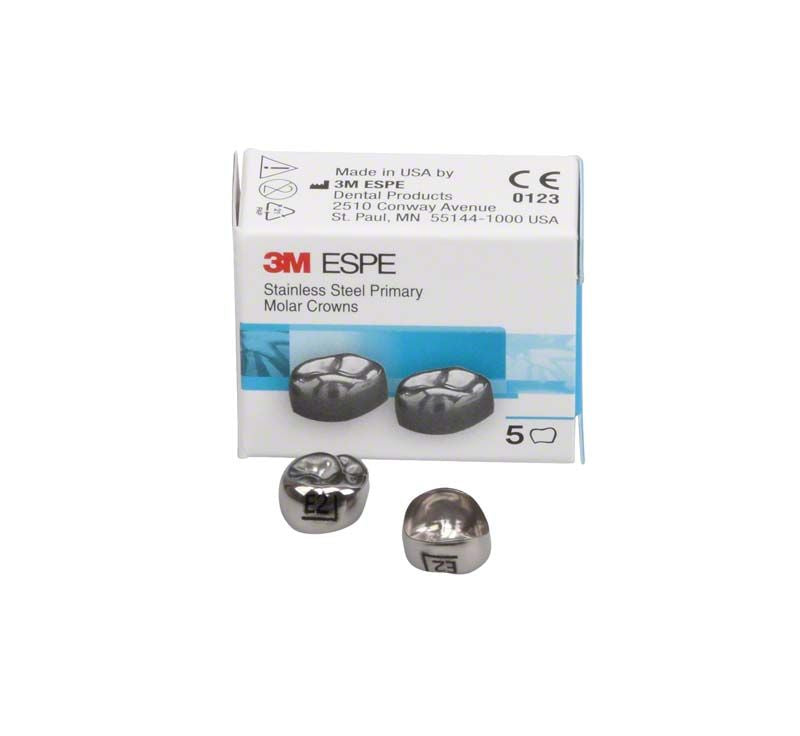 Edelstahlkronen für Milchzahnmolaren mit Verpackung und zwei Kronen sichtbar.