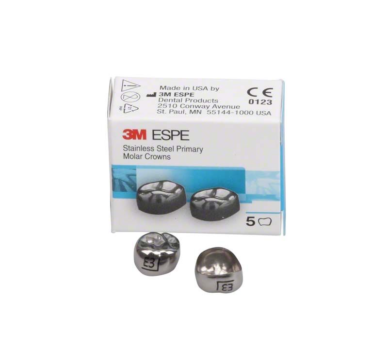 Edelstahlkronen für Milchzahnmolar in Verpackung mit Produktabbildung.