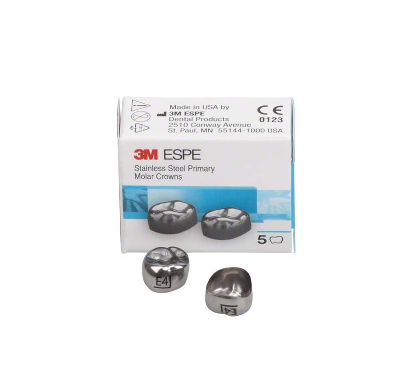 Edelstahlkronen für oberen rechten ersten Milchmolar mit Verpackung.