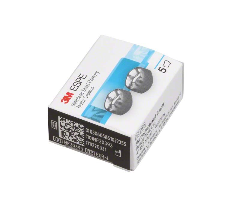 Verpackung der 3M Edelstahlkronen Milchzahnmolar OK E-UR-4 mit sichtbaren Kronenabbildungen.