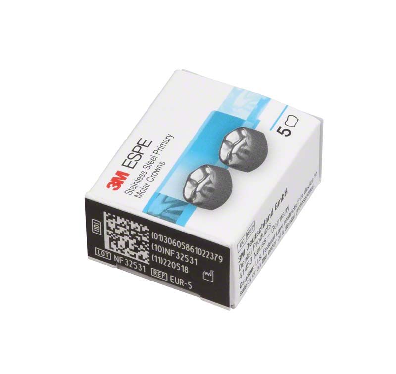 Edelstahlkronen Milchzahnmolar OK E-UR-5 in weißer Verpackung mit Produktdetails.