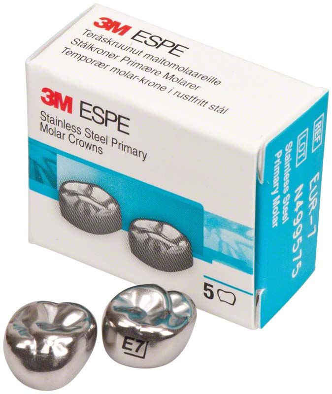 Edelstahlkronen für Milchzahnmolar OK, Verpackung und Kronenabbildung.