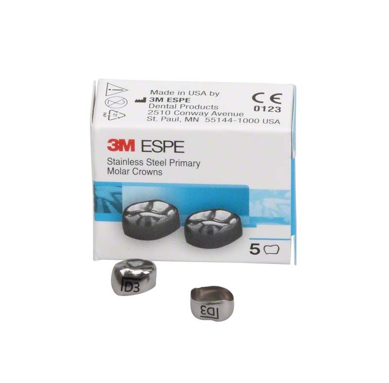 Edelstahlkronen für Milchzahnmolaren mit Verpackung und zwei Kronen.