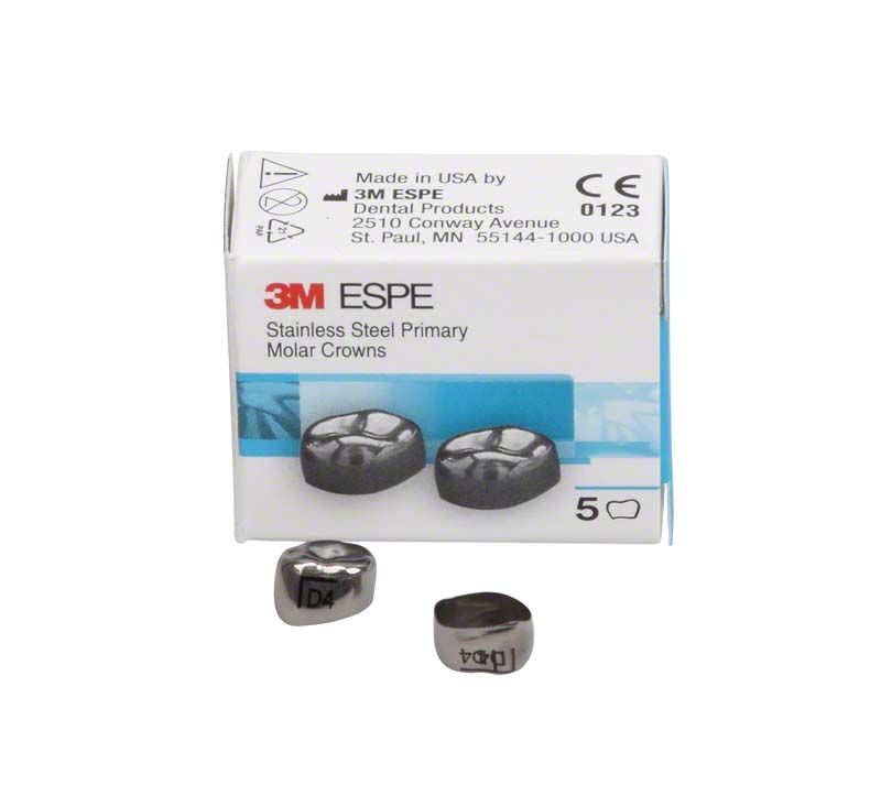 Verpackung der 3M Edelstahlkronen für Milchzahnmolaren mit Kronenabbildungen.