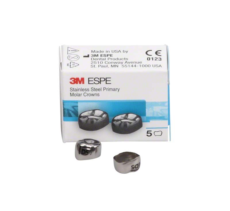 Edelstahlkronen für Milchzahnmolaren mit Verpackung und zwei Kronen im Vordergrund.