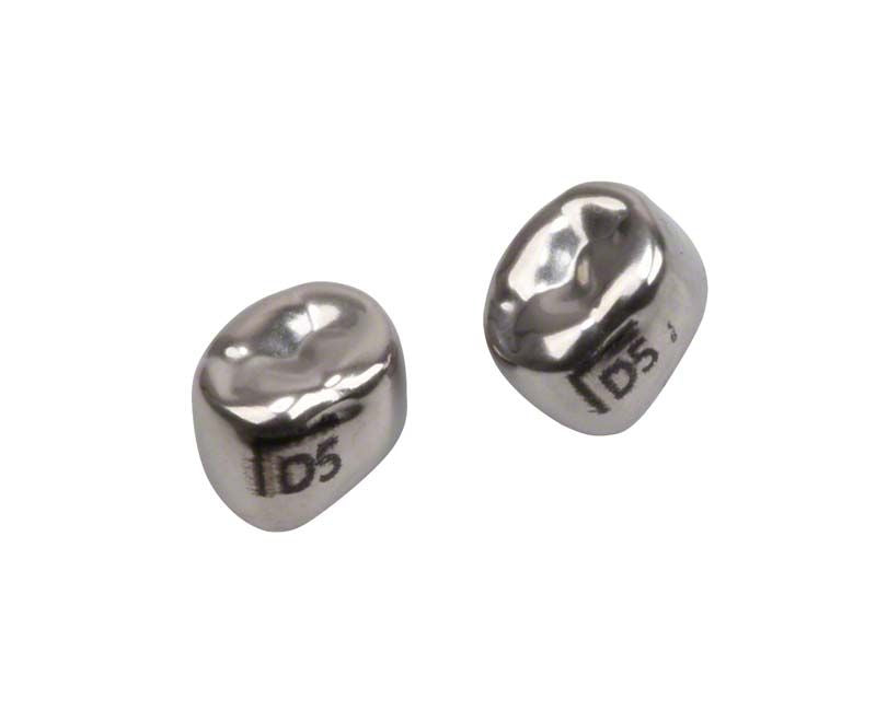 Edelstahlkronen für unteren Milchzahnmolaren mit sichtbarer Prägung "D5".