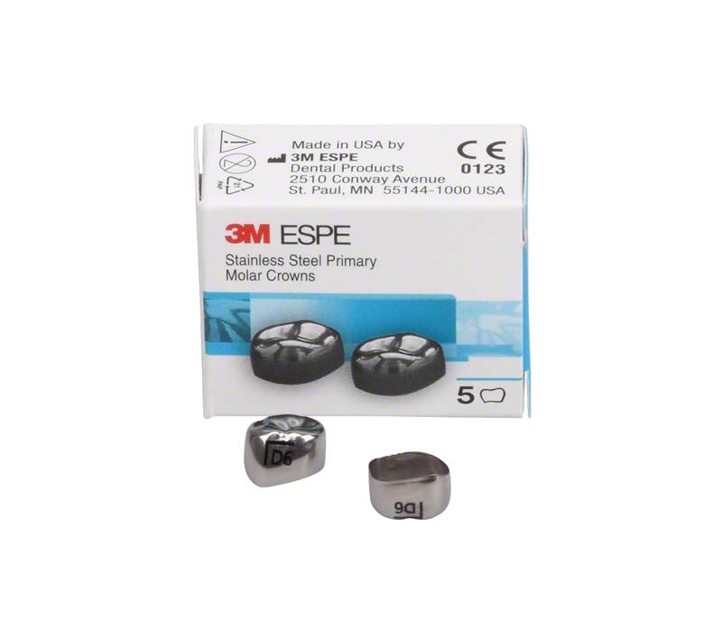 Edelstahlkronen für Milchzahnmolaren Modell D-LL-6 vor Verpackung.