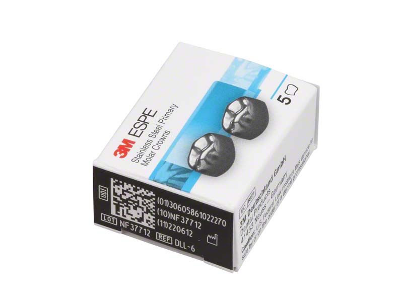 Verpackung der 3M™ Edelstahlkronen Modell D-LL-6 für Milchzahnmolaren.
