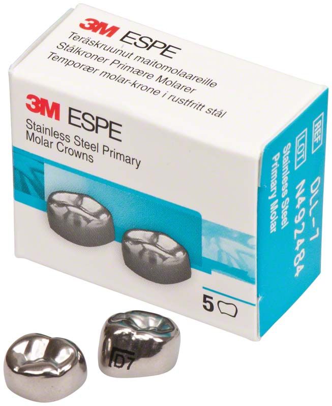 3M Edelstahlkronen für Milchzahnmolaren mit Verpackung und Kronenansicht.