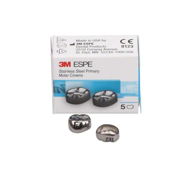 Edelstahlkronen für Milchzahnmolaren, Verpackung mit sichtbaren Kronen.