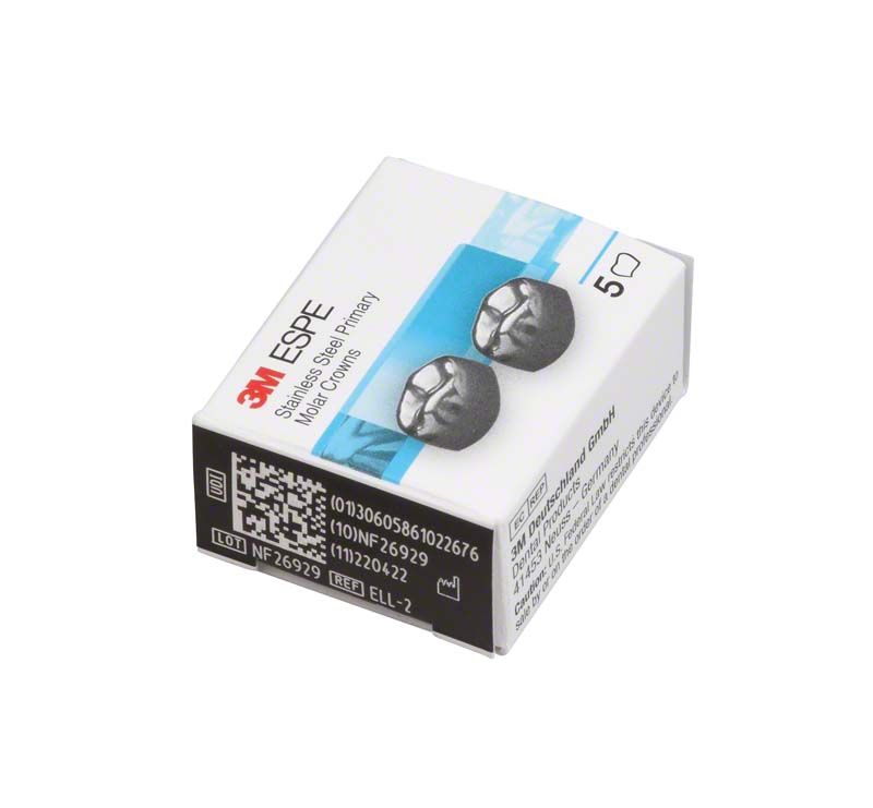 Verpackung der 3M Edelstahlkronen für Milchzahnmolaren mit sichtbaren Kronen.