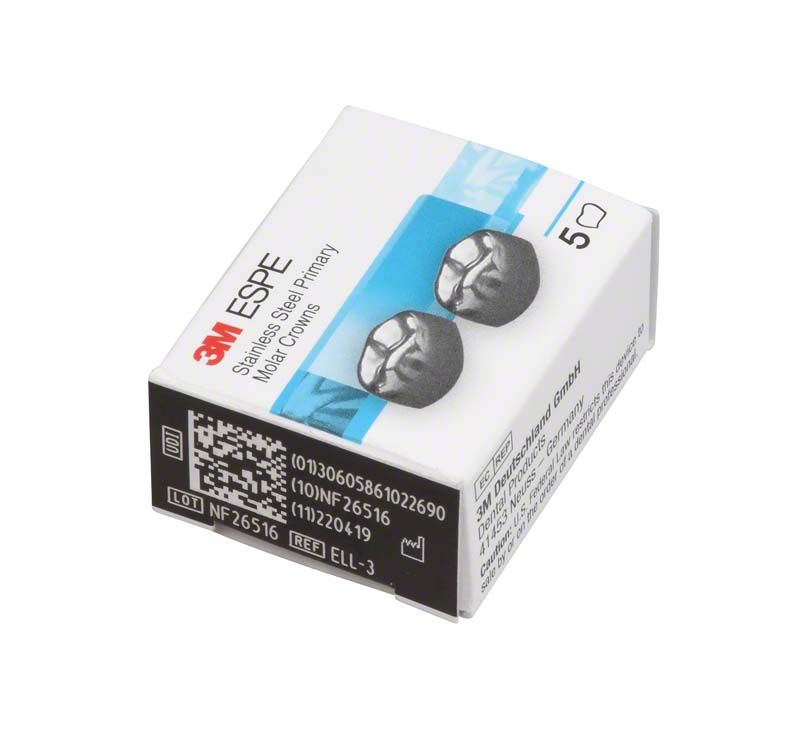 Edelstahlkronen Milchzahnmolar UK E-LL-3 Verpackung mit zwei Kronenabbildungen.