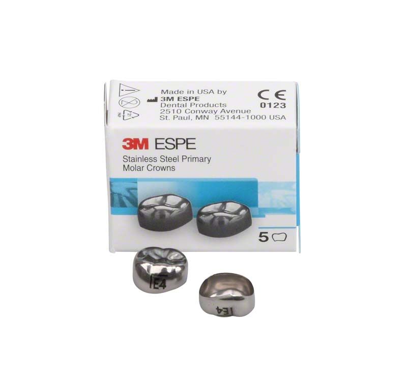 Edelstahlkronen für Milchzahnmolaren mit Verpackung und Produktkennzeichnung.