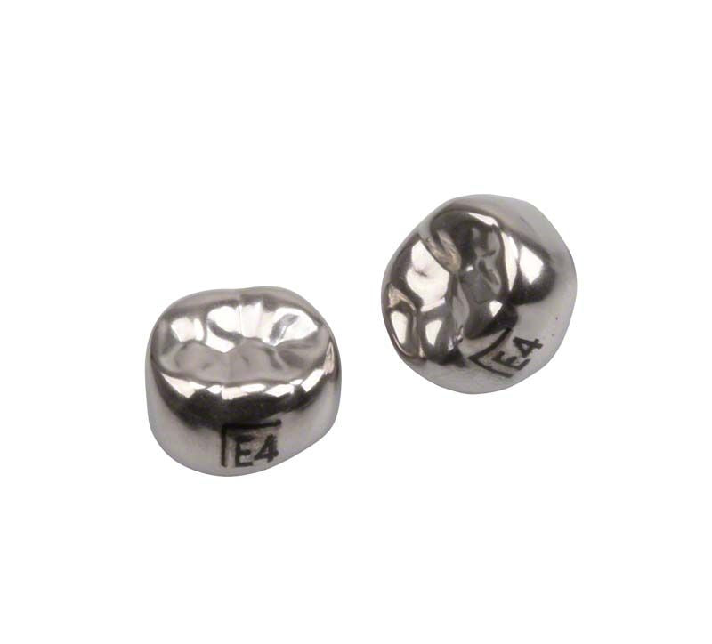 Edelstahlkronen für Milchzahnmolaren mit eingeprägter Kennzeichnung "E4".