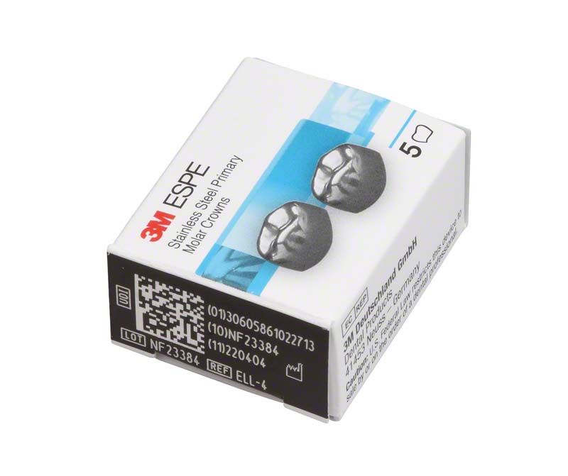 Edelstahlkronen für Milchzahnmolaren in Originalverpackung mit 3M-Logo und Produktdetails.