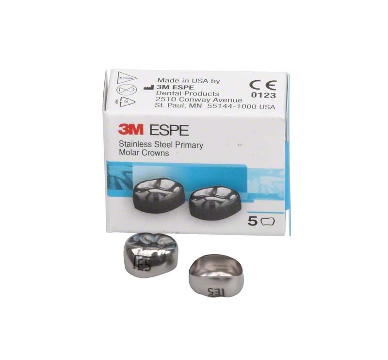 3M Edelstahlkronen für Milchzahnmolaren mit Verpackung und zwei Kronen.