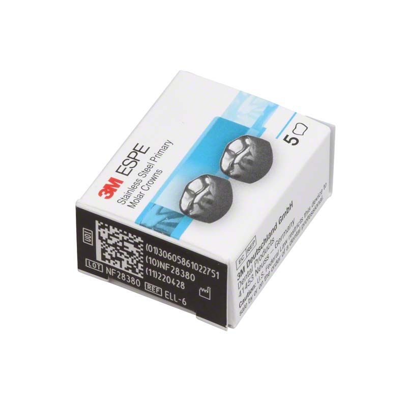 Edelstahlkronen für Milchzahnmolaren in 3M ESPE Verpackung mit E-LL-6 Kennzeichnung.