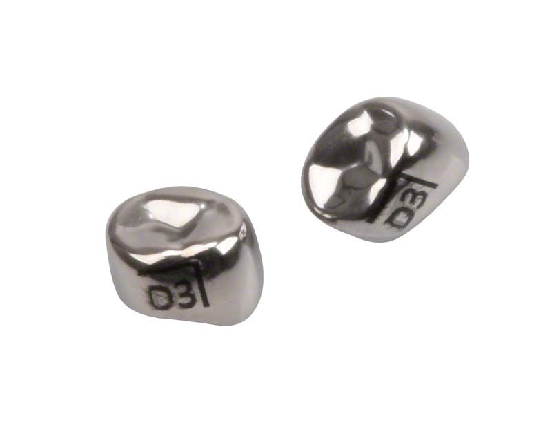 Edelstahlkronen für Milchzahnmolaren UK D-LR-3, Detailansicht zweier Kronen.