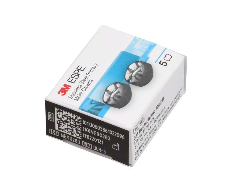 Verpackung der 3M Edelstahlkronen für Milchzahnmolaren UK D-LR-3, fünf Stück.