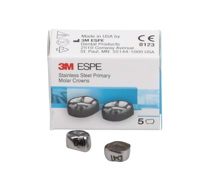 Edelstahlkronen für Milchzahnmolaren im Unterkiefer, Modell D-LR-4, Verpackung.