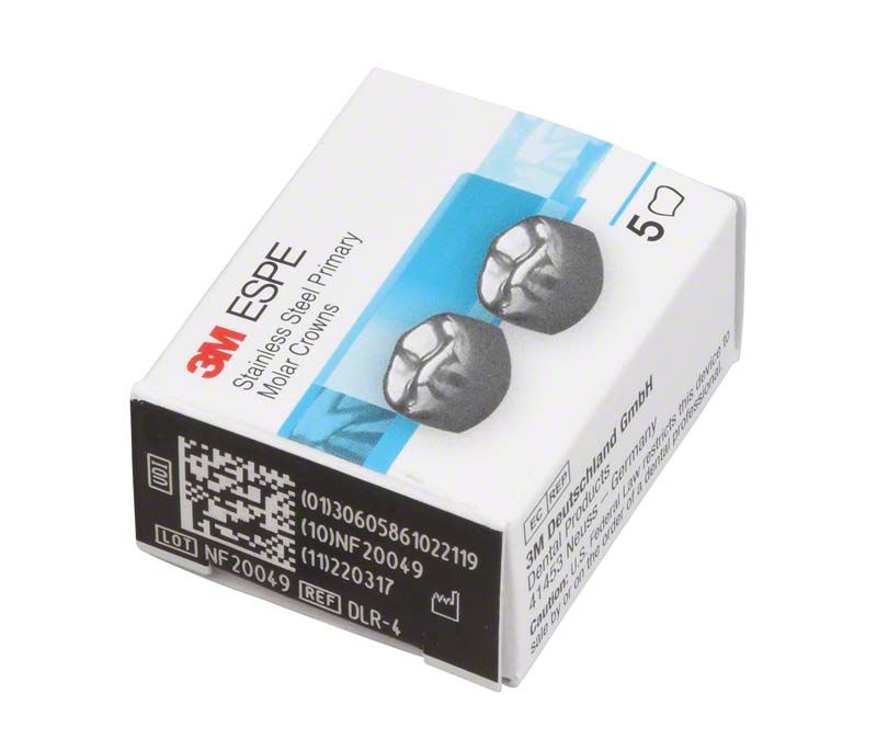 Verpackung der 3M Edelstahlkronen Milchzahnmolar UK D-LR-4, Vorderansicht.