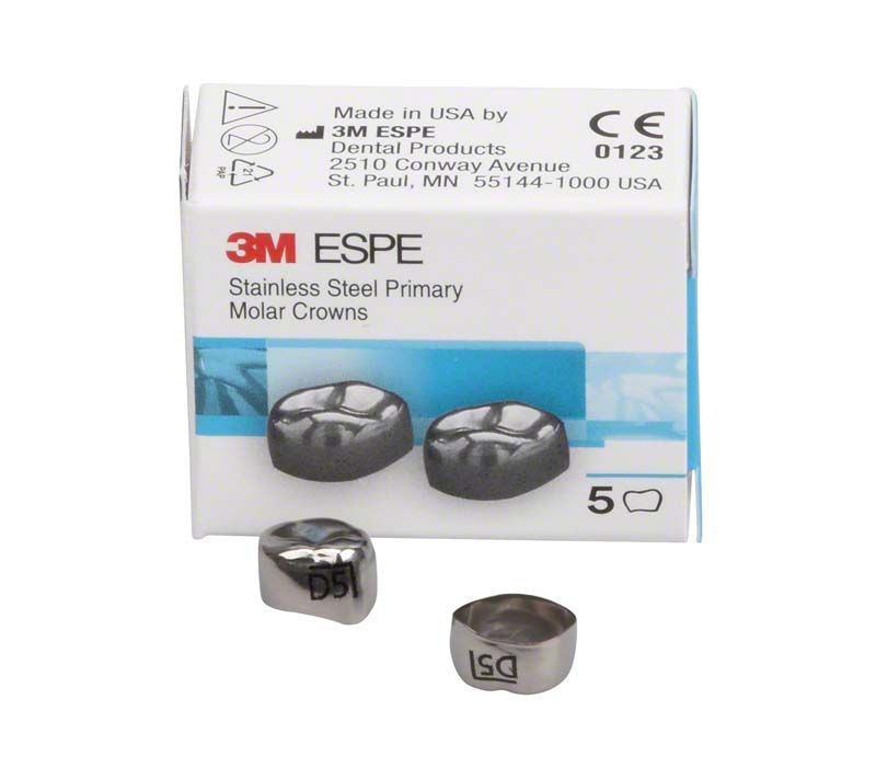 Edelstahlkronen für Milchzahnmolaren mit Verpackung und zwei Kronenansichten.