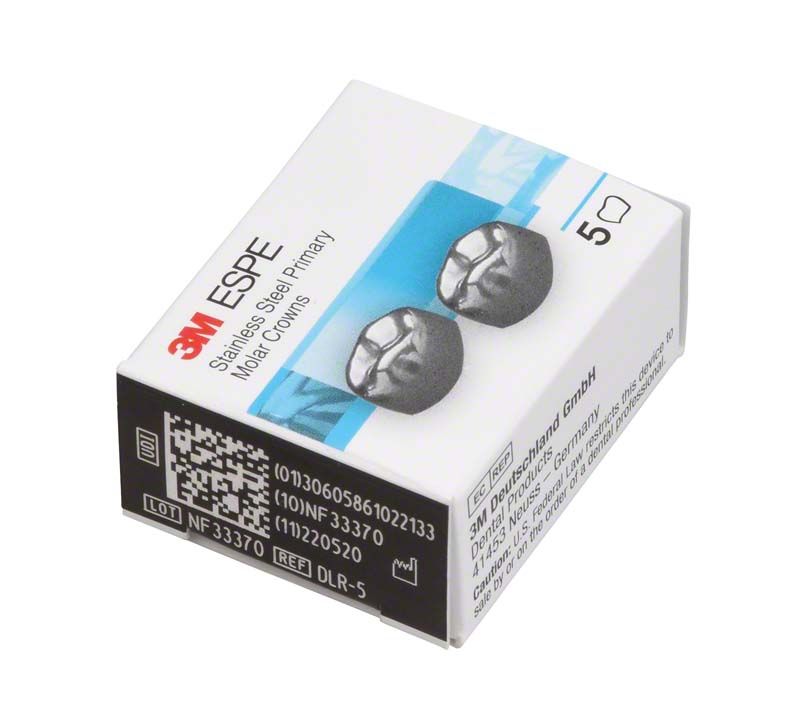 Edelstahlkronenverpackung für Milchzahnmolaren UK D-LR-5 mit Produktabbildung.