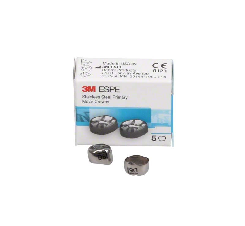 Edelstahlkronen für Milchzahnmolaren im Unterkiefer, 3M ESPE Verpackung.