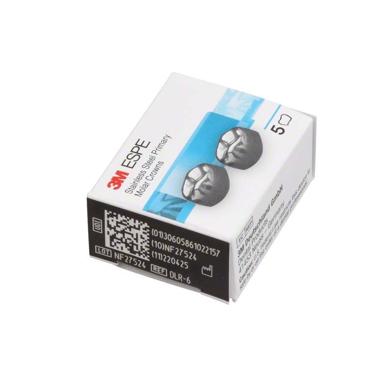 Edelstahlkronen für Milchzahnmolaren in 3M ESPE Verpackung mit D6-Prägung.