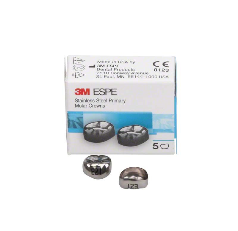 Edelstahlkronen für Milchzahnmolaren von 3M mit Verpackung.